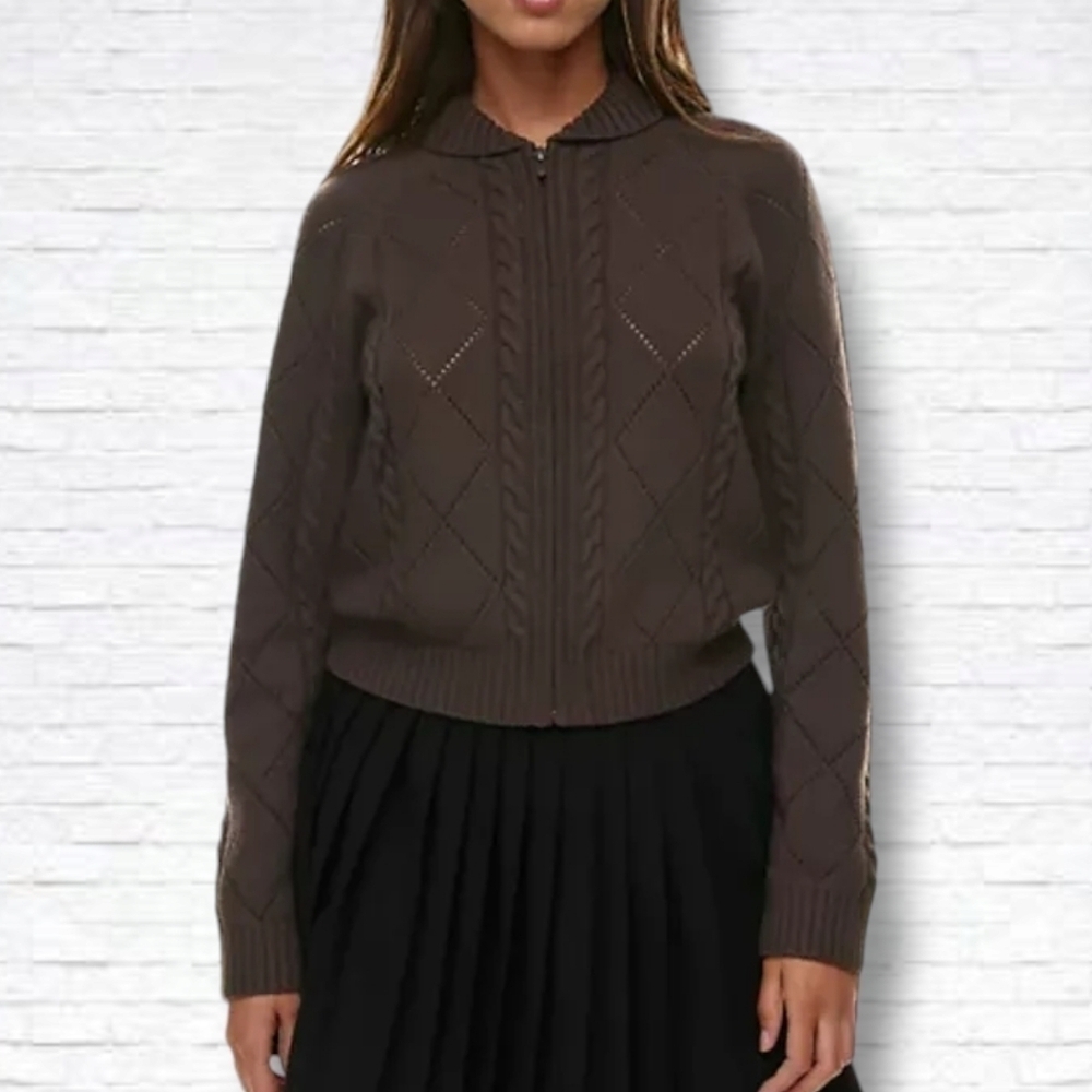 Aritzia Sunday Best "Gigi" Brown Cable Knit Collared Zip-Up Sweater Size 2XS